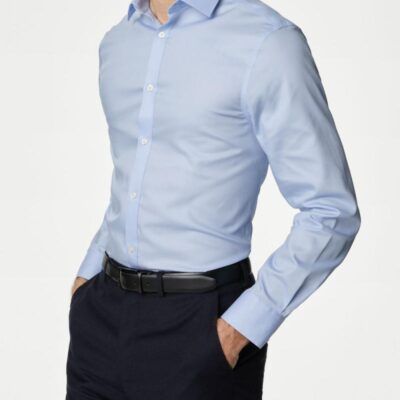 M&S Collection Slim Fit Non Iron Pure Cotton Twill Shirt Sky Blue | Mens Formal Shirts