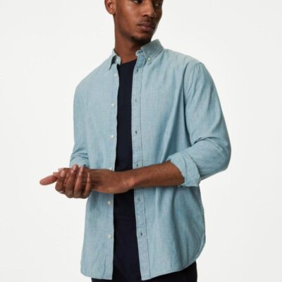 M&S Collection Pure Cotton Denim Heritage Shirt Light Blue | Mens Shirts