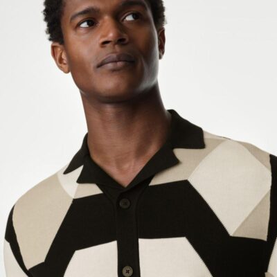 Autograph Cotton Rich Geometric Knitted Polo Shirt Black Mix | Mens Tops & T-shirts