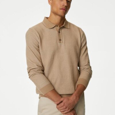 M&S Collection Cotton Rich Tipped Collar Textured Polo Shirt Neutral | Mens Tops & T-shirts