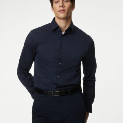 Autograph Slim Fit Easy Iron Cotton Blend Stretch Shirt Navy | Mens Formal Shirts