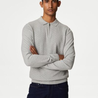 M&S Collection Cotton Rich Textured Knitted Polo Shirt Grey | Mens Tops & T-shirts