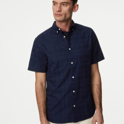 M&S Collection Easy Iron Pure Cotton Textured Check Shirt Navy | Mens Shirts