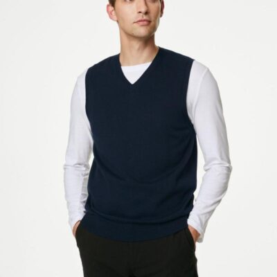 M&S Collection Pure Cotton Sleeveless Jumper Navy | Mens Jumpers & Knitwear