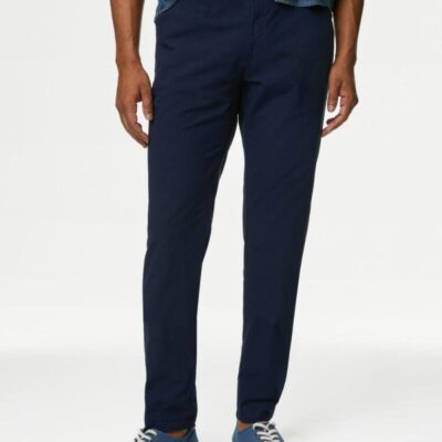 M&S Collection Slim Fit Pure Cotton Textured Belted Chinos Navy | Mens Trousers