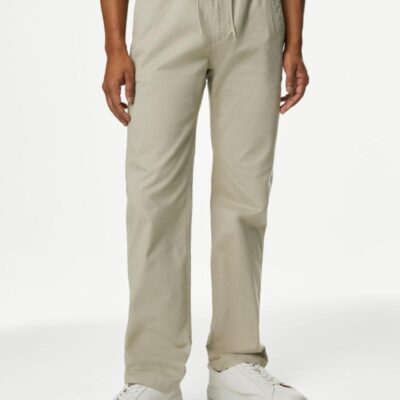 M&S Collection Tapered Fit Elasticated Waist Stretch Trousers Sandstone | Mens Trousers