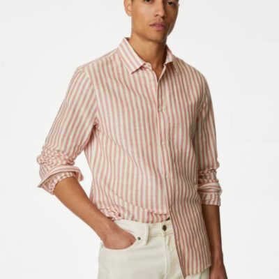 M&S Collection Easy Iron Cotton Linen Blend Striped Shirt Red Mix | Mens Shirts