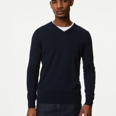 M&S Collection Pure Cotton V-Neck Knitted Jumper Navy | Mens Jumpers & Knitwear