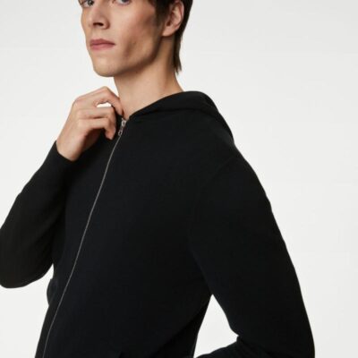 Autograph Cotton Rich Zip Up Knitted Hoodie Black | Mens Jumpers & Knitwear