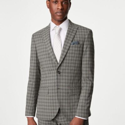 M&S Collection Skinny Fit Check Stretch Suit Jacket Grey | Mens Suits