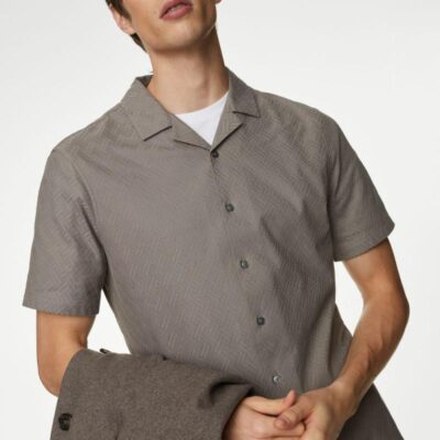 Autograph Autograph Textured Pure Cotton Jersey Shirt Taupe Mix | Mens Shirts