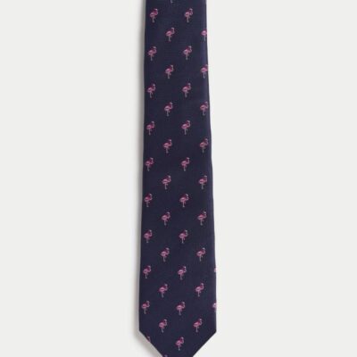 M&S Collection Flamingo Print Pure Silk Tie Navy | Mens Ties