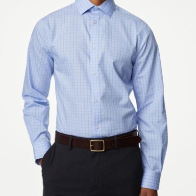 M&S Collection Regular Fit Non Iron Pure Cotton Check Shirt Blue Mix | Mens Formal Shirts