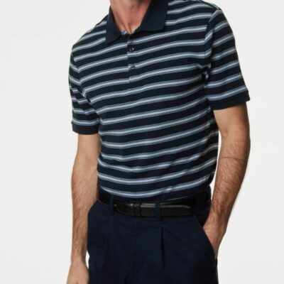 M&S Collection Pure Cotton Striped Polo Shirt Blue Mix | Mens Tops & T-shirts