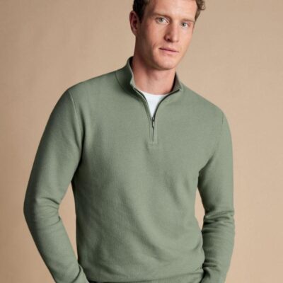 Charles Tyrwhitt Pure Cotton Textured Half Zip Jumper Sage | Mens Jumpers & Knitwear