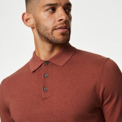 Autograph Silk Cotton Knitted Polo Shirt Spice | Mens Tops & T-shirts