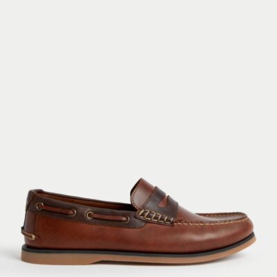 M&S Collection Leather Slip On Deck Shoes Tan | Mens Smart Shoes