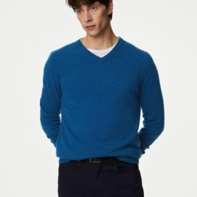 Autograph Pure Cashmere V-Neck Jumper Medium Blue | Mens Jumpers & Knitwear