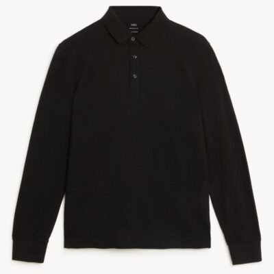 M&S Collection Pure Cotton Long Sleeve Polo Shirt Black | Mens Polo Shirts