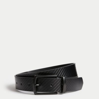 M&S Collection Leather Textured Reversible Belt Black | Mens Belts