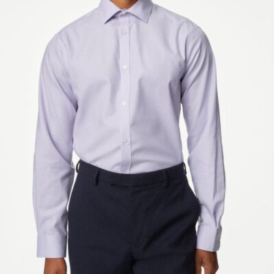 M&S Collection Regular Fit Non Iron Pure Cotton Gingham Shirt Lilac | Mens Formal Shirts