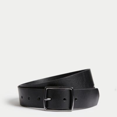 M&S Collection Leather Rectangular Buckle Smart Belt Black | Mens Belts