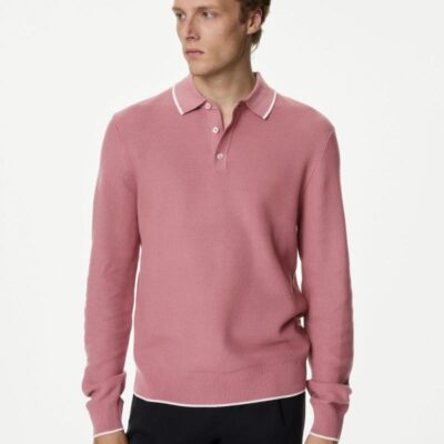 M&S Collection Cotton Rich Textured Knitted Polo Shirt Rose | Mens Tops & T-shirts