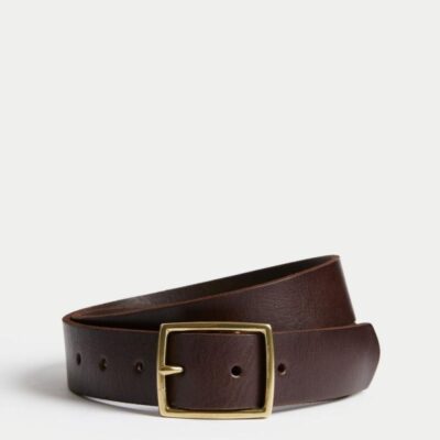 M&S Collection Leather Rectangular Buckle Smart Belt Brown | Mens Belts