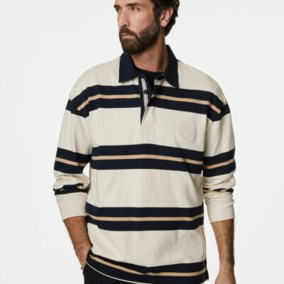 M&S Collection Pure Cotton Striped Long Sleeve Rugby Shirt Ecru Mix | Mens Tops & T-shirts