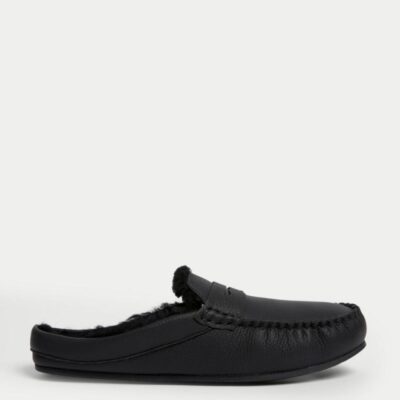 Autograph Leather Moccasin Mule Slippers with Freshfeet™ Black | Mens Slippers