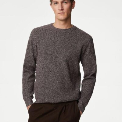 M&S Collection Cotton Blend Textured Crew Neck Jumper Burgundy Mix | Mens Jumpers & Knitwear