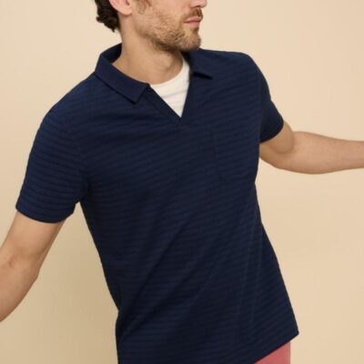 White Stuff Pure Cotton Striped Textured Polo Shirt Navy | Mens Tops & T-shirts