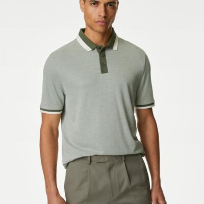 M&S Collection Tipped Polo Shirt Moss Green | Mens Tops & T-shirts