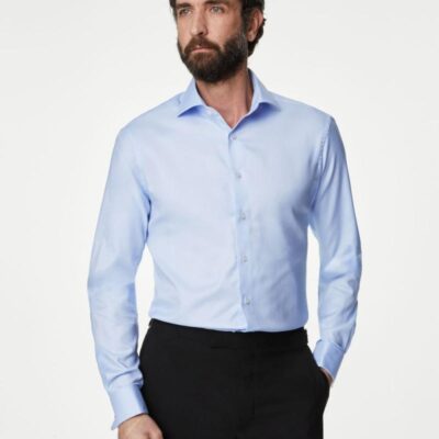 M&S SARTORIAL Slim Fit Luxury Cotton Double Cuff Twill Shirt Blue | Mens Formal Shirts