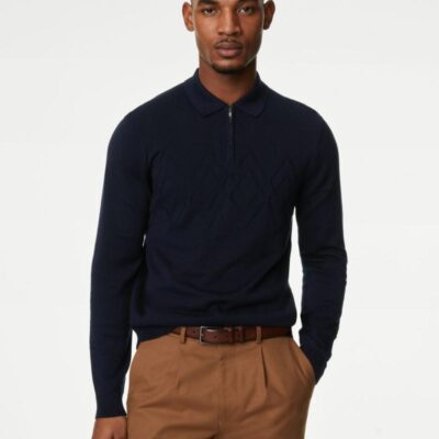 M&S Collection Cotton Rich Long Sleeve Knitted Polo Shirt Navy | Mens The Smart Edit