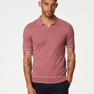 Autograph Silk Cotton Knitted Polo Shirt Dusky Rose | Mens Tops & T-shirts