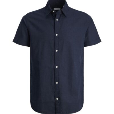 JACK & JONES Cotton Linen Blend Oxford Shirt Navy | Mens Shirts