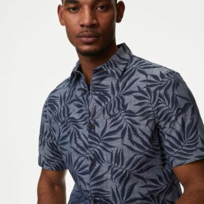 M&S Collection Easy Iron Pure Cotton Palm Print Shirt Denim Mix | Mens Shirts