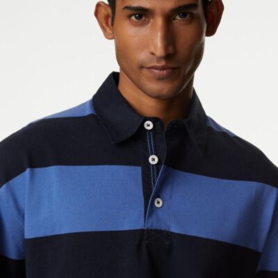 M&S Collection Pure Cotton Striped Long Sleeve Rugby Shirt Blue Mix | Mens Tops & T-shirts