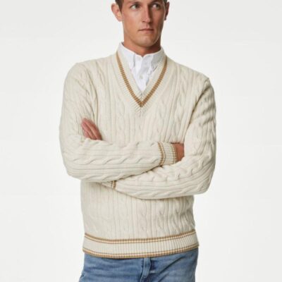 M&S Collection Cotton Blend Ribbed V-Neck Jumper Ecru | Mens Jumpers & Knitwear