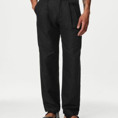 Autograph Tapered Fit Linen Blend Trousers Black | Mens Trousers