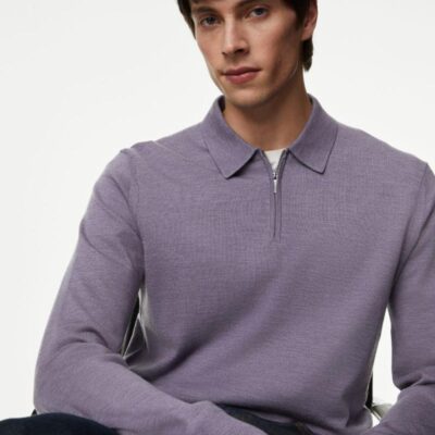 Autograph Pure Extra Fine Merino Wool Knitted Polo Dark Grape | Mens Tops & T-shirts