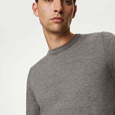 M&S Collection Pure Cotton Crew Neck Jumper Grey | Mens Jumpers & Knitwear