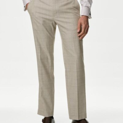 M&S Collection Regular Fit Check Stretch Suit Trousers Neutral | Mens Trousers