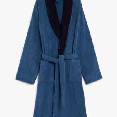 M&S Collection Longer Length Pure Cotton Dressing Gown Blue | Mens Loungewear