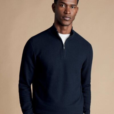 Charles Tyrwhitt Pure Cotton Textured Half Zip Jumper Dark Navy | Mens Jumpers & Knitwear