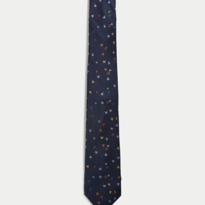 M&S SARTORIAL Leaf Print Pure Silk Tie Navy Mix | Mens Ties