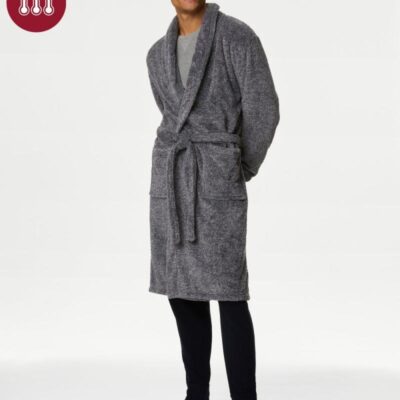 M&S Collection Fleece Supersoft Dressing Gown Grey Marl | Mens Loungewear