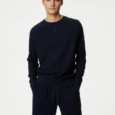 M&S Collection Pure Cotton Waffle Loungewear Sweatshirt Navy | Mens Loungewear