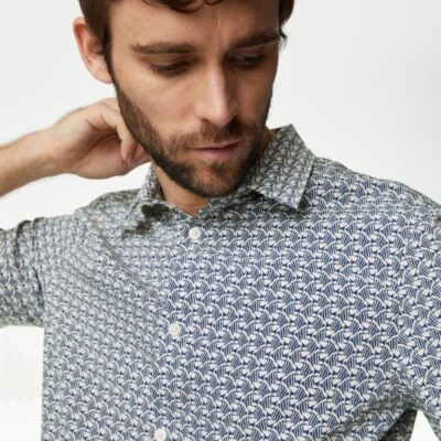 M&S Collection Easy Iron Geometric Print Shirt Navy Mix | Mens Shirts